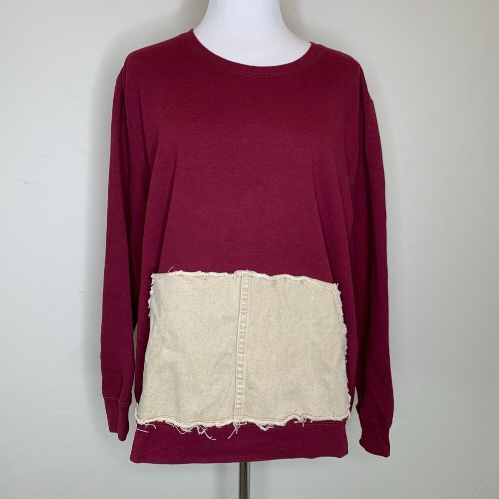 Burgundy Tan Denim Kangaroo Pocket Crewneck Sweatshirt Sz 2X